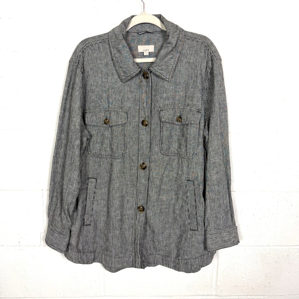 Loft Linen Blend Pin Stripe Utility‎ Jacket SZ L Gray Pockets Oversized Office